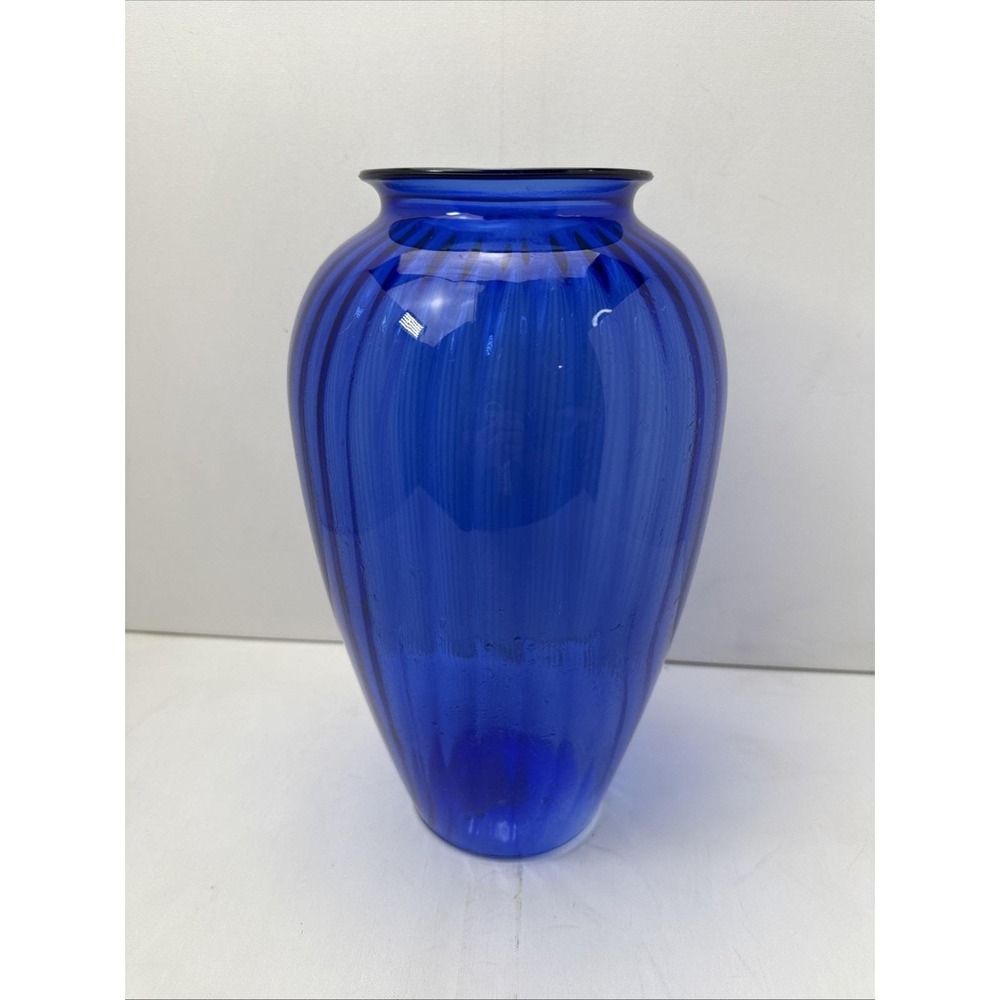 Vtg 1980s Anchor Hocking Cobalt Blue Ribbed Optic Tall Glass Vase 12.5" No Chips